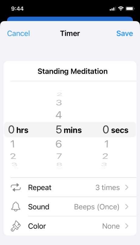 Timer+ screenshot for standing meditation.  Repeats 3 times and beeps once for each time.